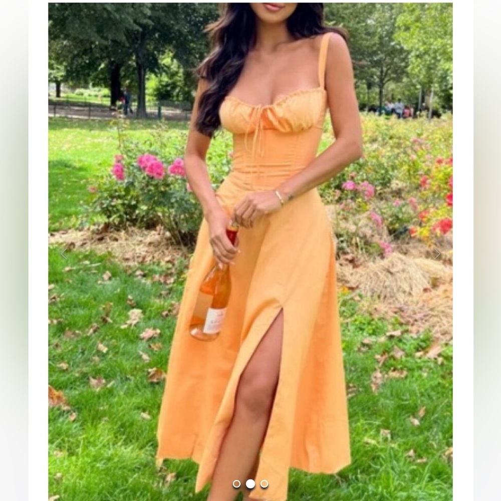 House of CB Peach-Orange Midi Corset Dress with Front Slit